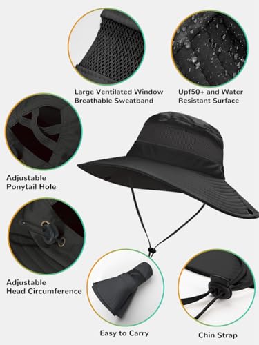 Image of EW East Water Sun Beach Hat for Women, UPF50+ Waterproof with Ponytail Hole | Large Breathable Mesh,3.5 inch Wide Brim, Adjustable Windproof Chin Strap,Quick-Dry, for Hiking Fishing Outdoor Safari