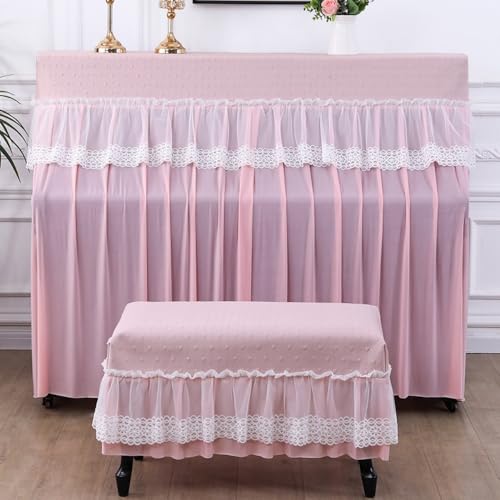 北欧ピアノカバー 刺繍 レースフリル付き 電子ピアノカバー 上質 優雅 上品 柔らかい 軽量 防塵 防湿 フルカバー アップライトピアノ 間口148-153cm通用-ピンク||ピアノカバー+椅子カバー(二人掛けタイプ)
