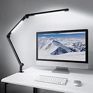 Lampe de Bureau à LED, Lampe D’architecte de Bras Pivotante à Double Lumière avec Pince, Lampe de Table de Bureau à Commande Tactile avec 4 Températures de Couleur et Luminosité Réglable (Noir)