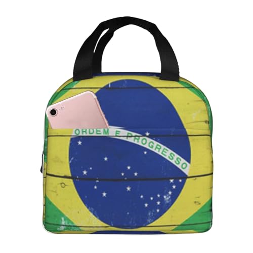 断熱ランチバッグ、大容量、防水、熱漏れ防止、スタイリッシュで丈夫、仕事、学校、アウトドア活動に便利、男女兼用(ブラジルの抽象的な国旗が木製のアンティークボードに描かれています)