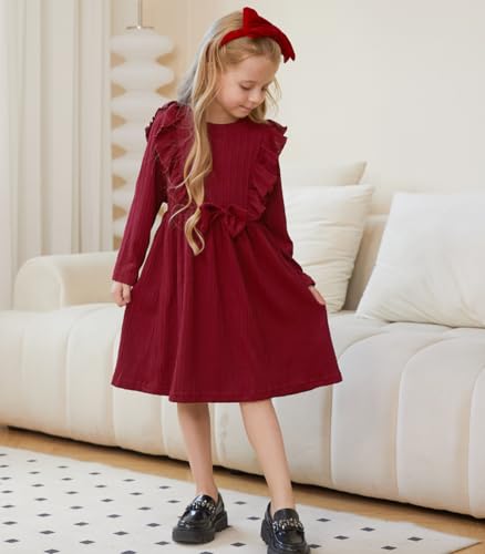 Girls Long Sleeve Ruffle Dresses Solid Ribbed Knit Fall Winter Dress for Toddler Casual Bowknot Dresses 2-6 Years2