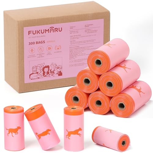FUKUMARU Sacchetti per Cacca per Cani, (300 Pezzi/20 Rotoli), Biodegradabili, Extra Spesso, a Prova di Perdite, Profumo di Rosa, Materiale in Polietilene Sacchettini per Cani, Raccogli Feci, Pet Bag.