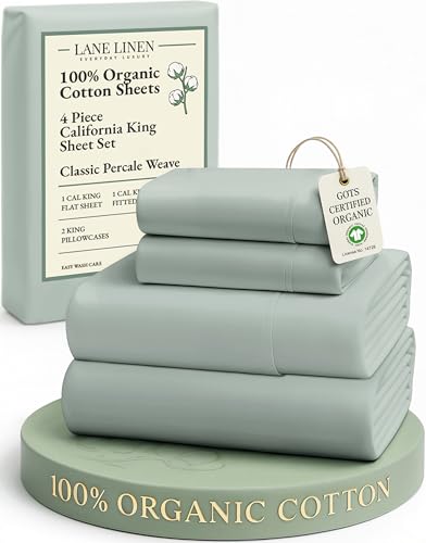 Image of LANE LINEN 100% Organic Cotton California King Sheets Set, Soft & Comf Low Pill Fade Resistant Mercerized Cotton Fully Elasticized Cal King Sheets, Fits Mattress Upto 15 inch Deep -Cool Blue