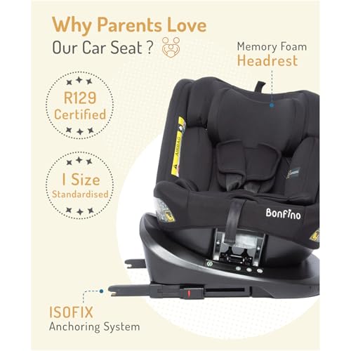 Image of Bonfino Premium Pro Shield Convertible Car Seat for Baby, 360 Degree Rotatable Seat, Memory Foam Headrest, ISOFIX System, Rear Facing Support, Newborn to Toddler, Safety Certified Design (Black)