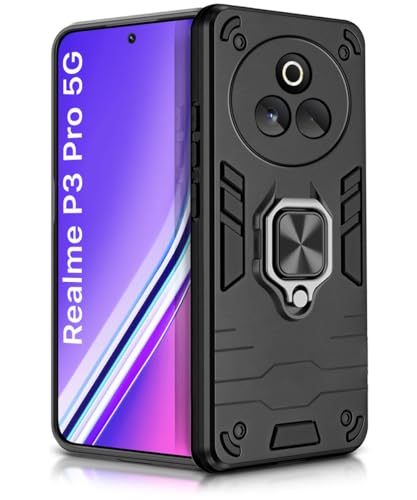 Image of WOW IMAGINE Shock Proof Back Case Mobile Cover for Realme P3 Pro 5G | Back Cover Case (Tough Armor | Hybrid PC + TPU | Ring Holder & in-Built Kickstand | Black)