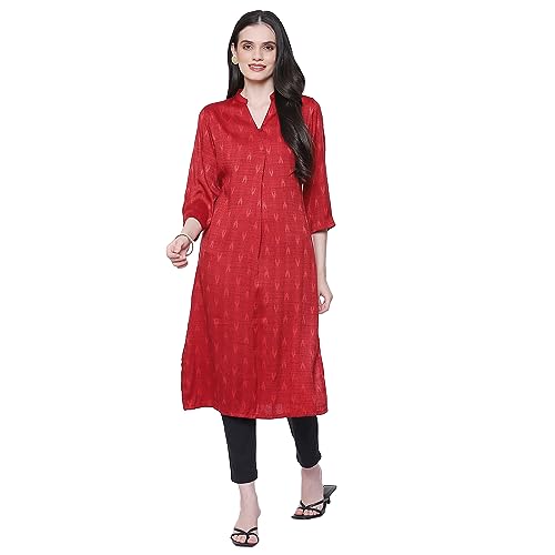 Image of Rangriti Maroon Polyester Straight Yarndyed Kurta for Women