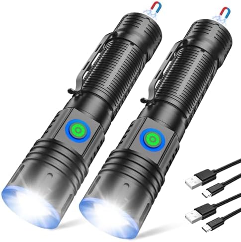 Rechargeable Flashlights High Lumens, Super Bright LED Tactical Torch, Magnetic Flash Light 5 Light Modes, Long Lasting, Dimmable, Clip-On Handheld Linternas for Home, Emergency (2Pack)