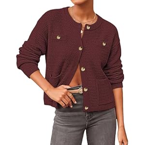 Bsubseach Cardigan Sweaters for Women with Pockets Fall Cropped Cardigans Trendy Button Up Sweaters Wine Red Large