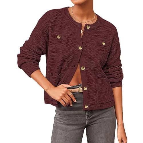 Bsubseach Cardigan Sweaters for Women with Pockets Fall Cropped Cardigans Trendy Button Up Sweaters Wine Red Large