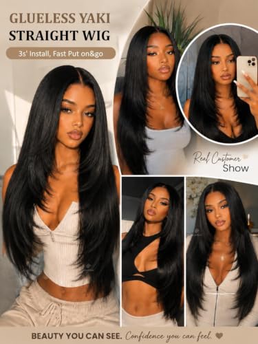 Image of Sunber Glueless 13x4 Layered Cut Yaki Straight Wig Human Hair with Elastic Drawstring, Pre Cut HD Lace Front Wig Pre Plucked Bleached Knots, Ready to Wear Long Straight Wig 150% Density 16 Inch