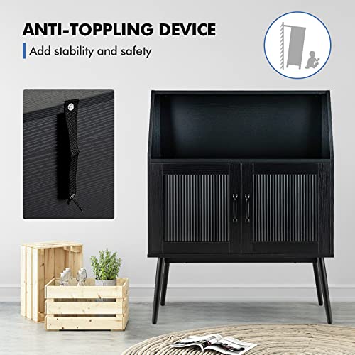 Petsite Sideboard Buffet Storage Cabinet, Kitchen Accent Console Table With Open Shelf & Tempered Glass Door For Dining Room Hallway, Black #TOP3