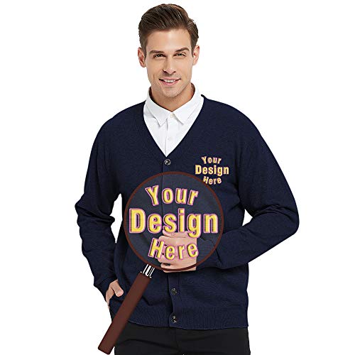 Embroidery Men's Sweater Cardigan Custom Casual Cotton, Monogrammed Your Text Here-Navy-2XL