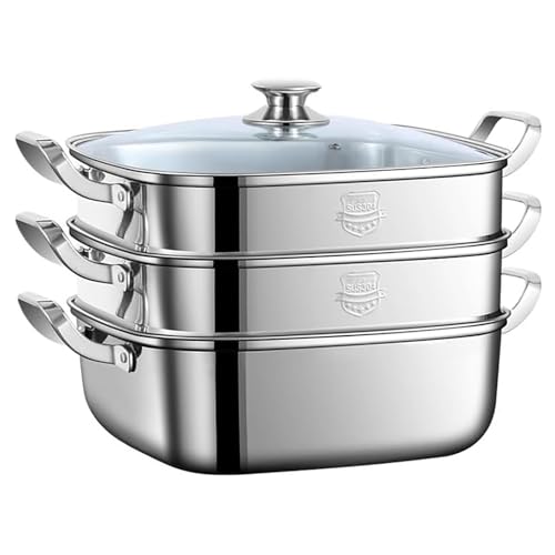 蒸し鍋 ステンレス蒸し器 フライパン 両手鍋 焦げ付き防止 寸胴鍋 蒸? ガラス蓋付き 四角い せいろ 調理鍋 多層食品ストック鍋 ?蒸? 蒸し料理 器具 お手入れが簡単 (三層)