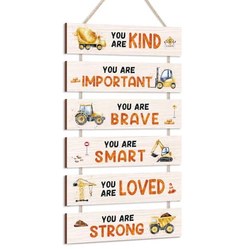 Image of HPNIUB Construction Trucks Room Decor for Boys, Transportation Inspirational Positive Quotes Hanging Plaque Sign, Cartoon Vehicle Wood Sign for Nursery or Toddler Room Decor
