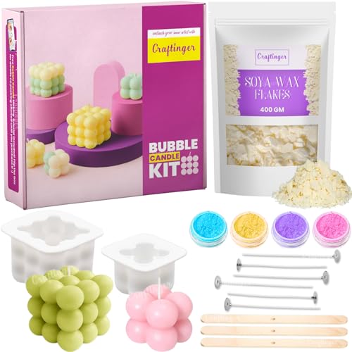 Craftinger DIY Bubble Candle Making Kit with 400gm SOYA Wax | 2 Different Size Silicon Molds | 4 Pigment | Wicks & Sticks | Beginner Kit for Kids & Adults | Ideal for Birthday Gifts, Craft Lover