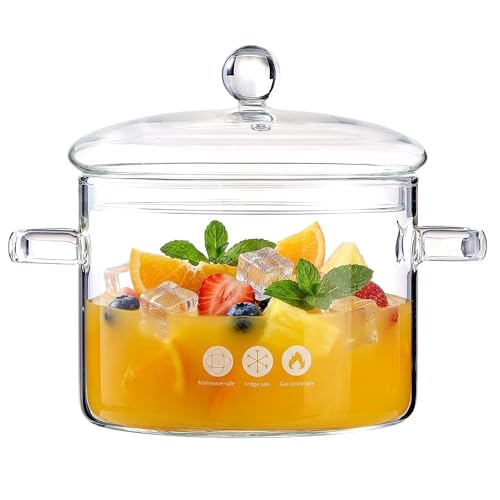jjojcll 1900ml/67oz Glass Simmer Pot for Stove Top - Clear Borosilicate Glass Cooking Pot for Family Meals, Heat-Resistant Saucepan for Noodles, Soup, Cereal, Baby Food, Stovetop & Dishwasher Safe