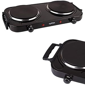 Grafner Kookplaat dubbel met inklapbare handgrepen, 2000 watt, 2 massakookplaten met elk Ø 155 mm, traploze temperatuurinstelling, kleur naar wens: zwart of wit, kookplaat dubbel