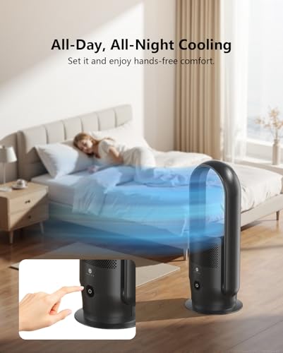 Image of ULTTY Bladeless Tower Fan and Air Purifier Combo, Quiet Oscillating Fan with Remote & Touch Control, 9 Speeds, 8H Timer, HEPA Air Filter, Safe Floor Fan for Bedroom Home Office Black, 23.5 inchinch