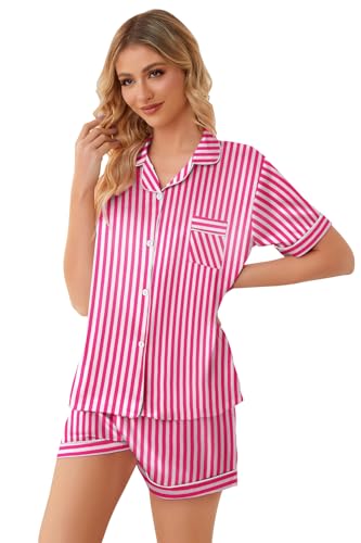 Image of Schbbbta Girls Womens Pajamas, Satin Silky Pjs Set Kids 2Pcs Button-Down Nightwear Sleepwear Gift for Mommy and me