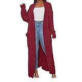 ADILACA Wine Red Sweater Maxi Cardigan, Women's Long Sweater Open Front Braided Knitted Maxi Outwear Coat with Pockets, Cable Knit Dual Pocket Cardigan (Wine Red, L)