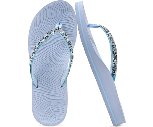 KuaiLu Chanclas Mujeres Rhinestone Ayuda Arco Comodidad Yoga Mat Amortiguador Moda Verano Playa Piscina Recorrido Orthotic Que Camina Thong Sandles ResbalóN Encendido Plantar Fasciitis Azul 37