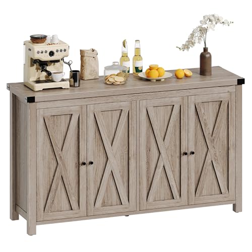DWVO Farmhouse Sideboard Buffet Cabinet with Storage, 55'' Kitchen Storage Cabinet with 4 Doors, Large Coffee Bar Cabinets with Adjustable Shelves for Kitchen, Living Room, Grey