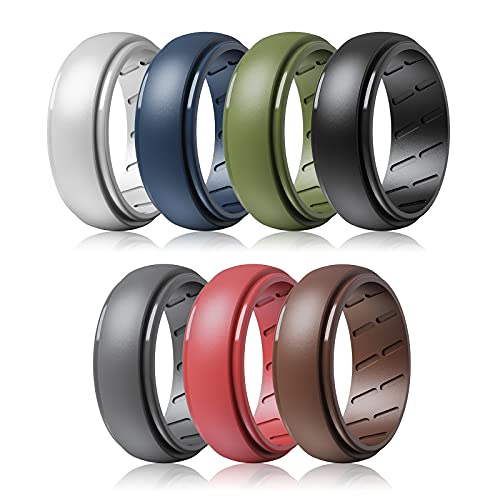 Silicone Ring Men, 7 Rings / 2 Rings - Breathable Men's Rubber Wedding Bands - Step Edge Airflow Inner Grooves, 8mm Wide, 2.2mm Thick