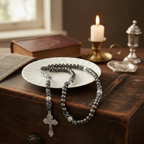 Nazareth Store Bronze Alloy Beads Green Paracord Rosary Beaded Necklace St Michael Medal Strong Metal 10mm Beads Our Father Catholic Rosary with Pardon Crucifix