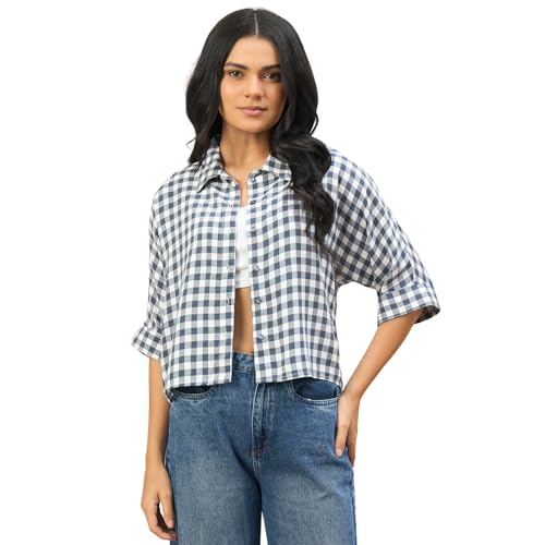 Image of Chimpaaanzee Women Checks Half Sleeve Crop Shirt