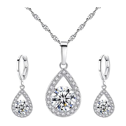 Harlorki 925 Silver Plated Cubic Zirconia Shiny Teardrop Rhinestone Pendent Necklace Dangle Earrings Jewelry Set for Women Lady Cover