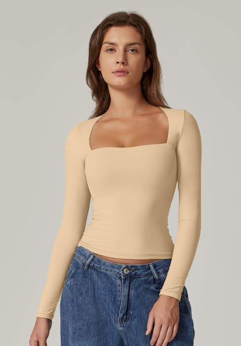 QINSEN Women's Sexy Square Neck Shirt Long Sleeve Double Lined Tees Fitted Going Out Tops - Image 5