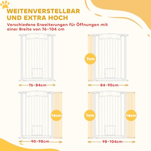 PawHut Türschutzgitter Treppenschutzgitter Türgitter ohne Bohren Treppengitter für Breiten 76-104 cm Einhändiges Öffnen Stahl Weiß