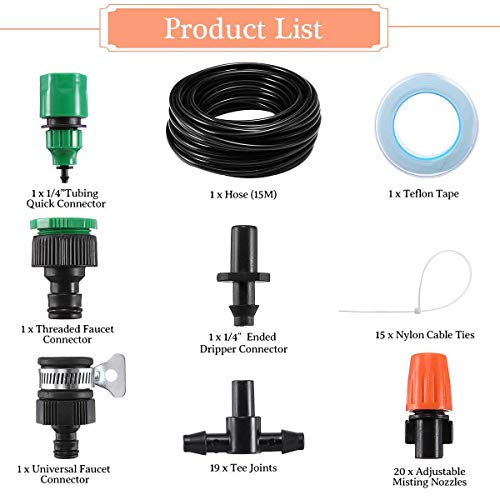 BEONE 1/4in Distribution Tubing Adjustable Nozzle Sprayer Automatic Irrigation Equipment Set (60 Pieces)