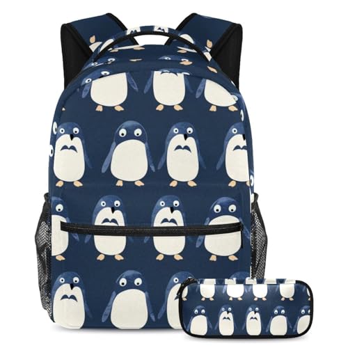 Trousse à crayons et cartable bleu pingouin grand volume écolier