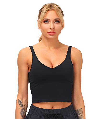 Dragon Fit Sports Bra for Women Longline Padded Bra Yoga Crop Tank Tops Fitness Workout Running Top (Medium, Black)