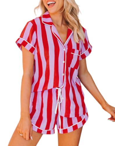 Image of NUFIWI 4th of July Pajamas Set for Women America Flag Short Sleeve Shirt Shorts 2 Piece Lounge Set Independence Outfits