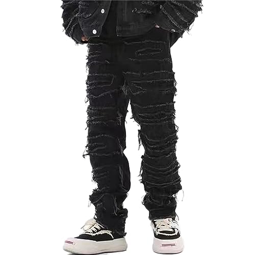 crazynekos Men's Fashion Stretch Jeans Distressed Patchwork Stacked Frayed Straight Leg Skinny Denim Pants