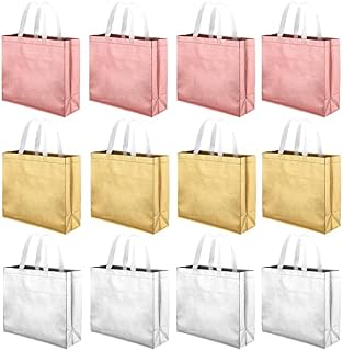 WAIZHIUA 12Pcs Glossy Gift Bags, Reusable Non-Woven Grocery Bag Shopping Tote Bags Goodies Bag with Handle for Birthday Wedding Party Favour Baby Shower(3 Colors)
