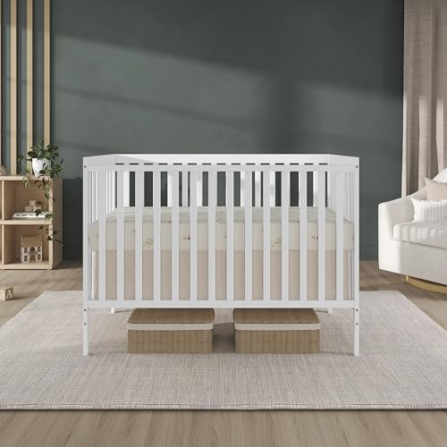 Dream On Me Synergy 5-in-1 Convertible Full-Size Baby Crib with Toddler, Day & Full Bed Conversion in White, GreenGuard Gold & JPMA, 3 Mattress Heights, Sustainable Pinewood