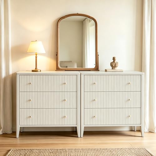 Image of Fatmok Fluted 3 Drawer Dresser for Bedroom, 34 inch Wide Chest of Drawers, Modern Wood Nightstand End Table with Metal Handles, Striped Storage Cabinet for Living Room, Hallway, Entryway, Alabaster White