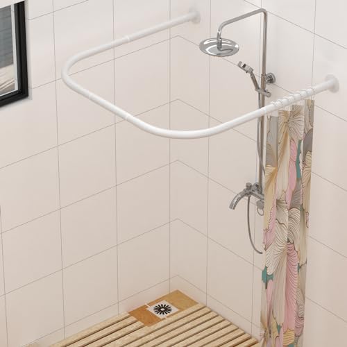 Tanxih U Shower Curtain Rod Adjustable Stainless Steel U Shaped Rack Drill Free Install for Bathroom, Bathtub, Clothing Store (U Shaped White, Length on both sides:31.5