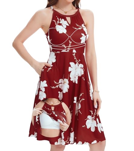 Image of ANYFITTING Built in Bra Halter Dresses for Women 2026 Summer Pockets Dress Flowy Midi Sundresses Beach Vacation