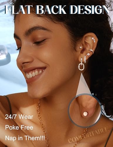 LOLIAS Hypoallergenic Flat Back Earrings for Women Girls Surgical Steel Earrings for Sensitive Ears - Stainless Steel Flatback Stud Hoop Cartilage Earring Stacks3