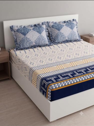 Image of DECOMIZER 300 TC Soft Cotton Feel Microfiber All Around Elastic Fitted Super King Bedsheet with 2 Frill Pillow Covers King Size (72x78) Fits Upto 12 inches Mattress | Blue T