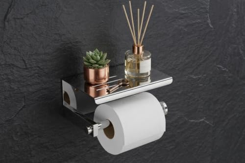 Image of Premium Stainless Steel Toilet Paper Holder with Mobile Phone Storage Shelf | Wall-Mounted Bathroom Tissue Roll Dispenser with Decor Tray | Chrome Finish Rustproof Organizer (Square CH44)