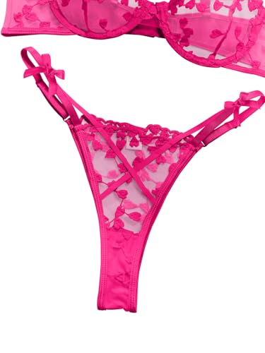Image of Lilosy Sexy Underwire Cute Push Up Strappy Embroidered Mesh Sheer Lingerie Set See Through Panty Bra