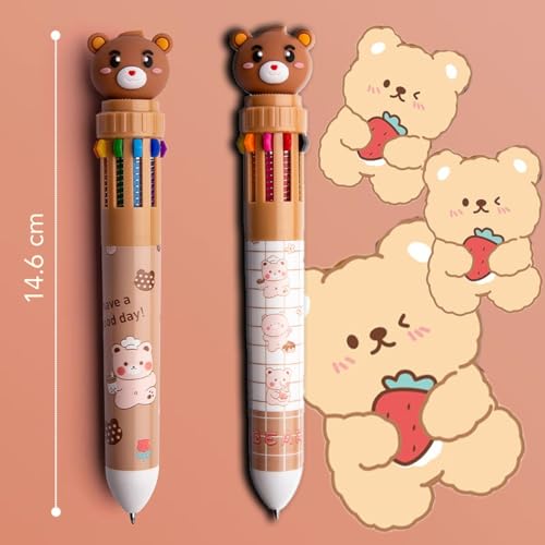 wolpin Kids 10 IN 1 Color Pen Set (Pack of 2) | Cartoon Teddy Bear Multicolor Ballpoint Pens for School & Office | Smooth Writing Stationery | Fun Gift for Children
