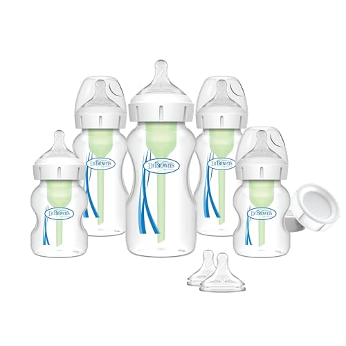 Dr. Brown's Anti-Colic Options+ Wide-Neck Baby Bottle Feeding Set, 5 oz/9 oz, with Bottle Travel Caps (Packaging May Vary)