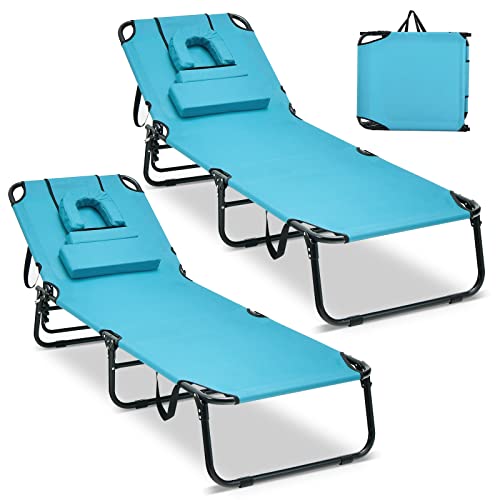 COSTWAY Tumbona Plegable XXL 63X194X37cm, Respaldo Reclinable en 5 Posiciones, 2 Posiciones de Pierna, 3 Cojines Extraíbles, Tumbona Jardin Exterior Playa Piscina, Carga 160kg (Azul Lago,2)