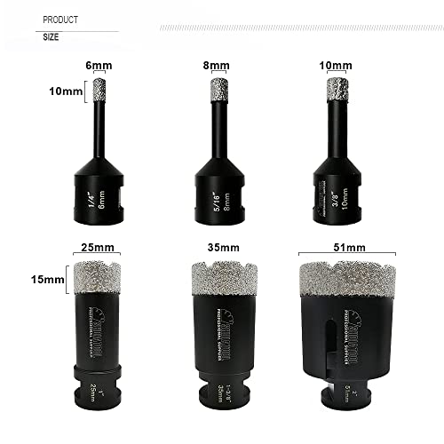 Shdiatool 6Pcs Diamond Core Drill Bits Set For Porcelain Tile Granite Marble Stone Brick Vacuum Brazed Hole Saws 06 08 10 25 35 51Mm #TOP1